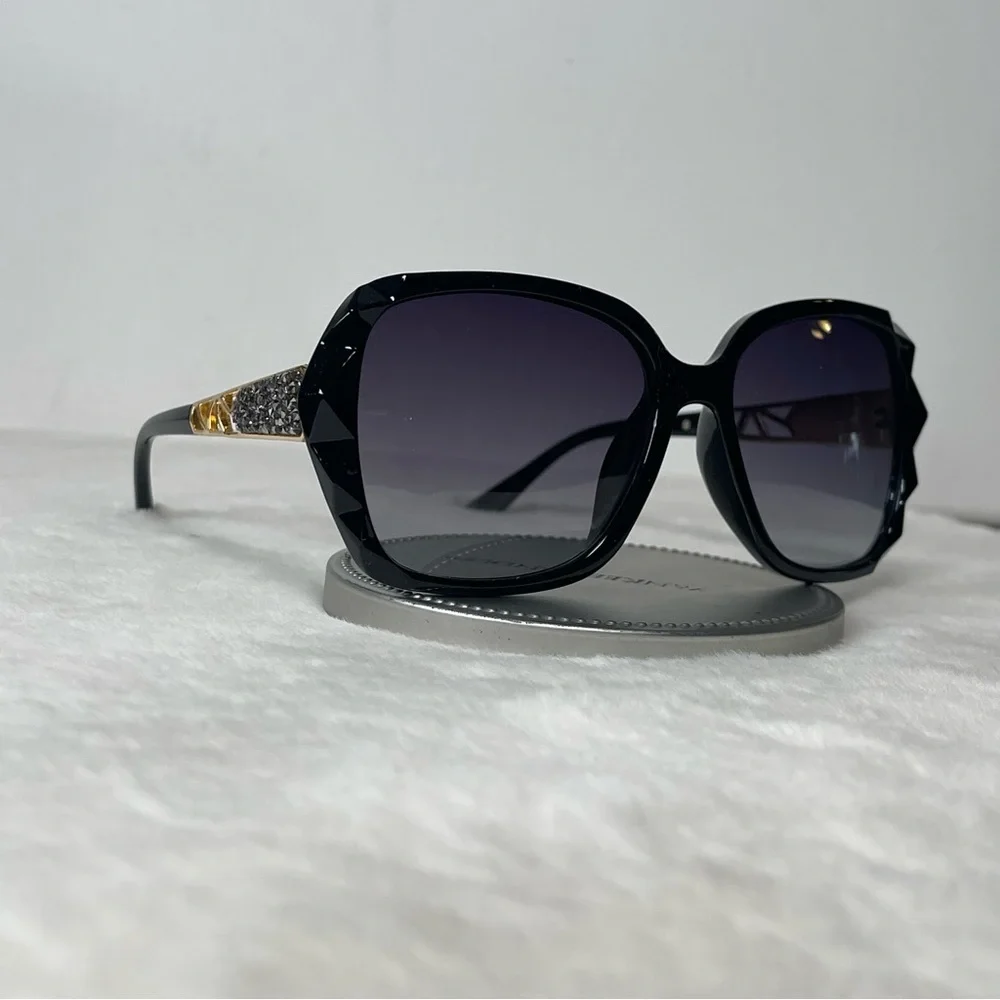 Black & Gold Oversized Square Sunglasses Polarized Tinted w Crystal Frames Nwt